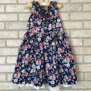 RALPH LAUREN Polo Navy Floral Ruffle Neckline White Trim Sleeveless Dress 5